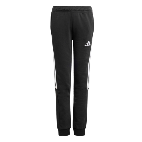 Black Adidas sweatpants with white stripes on the sides and a white logo on the left thigh. The joggers feature an elastic waistband and ribbed ankle cuffs.
