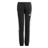 Black Adidas sweatpants with white stripes on the sides and a white logo on the left thigh. The joggers feature an elastic waistband and ribbed ankle cuffs.