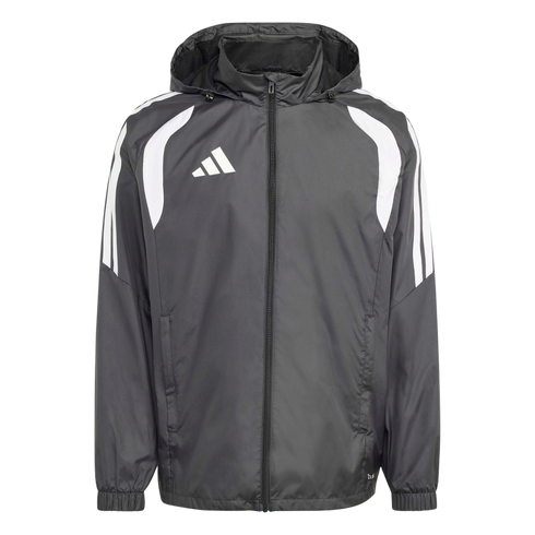 A dark grey Adidas hooded windbreaker with white shoulder panels and three stripes on the sleeves.