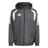 A dark grey Adidas hooded windbreaker with white shoulder panels and three stripes on the sleeves.
