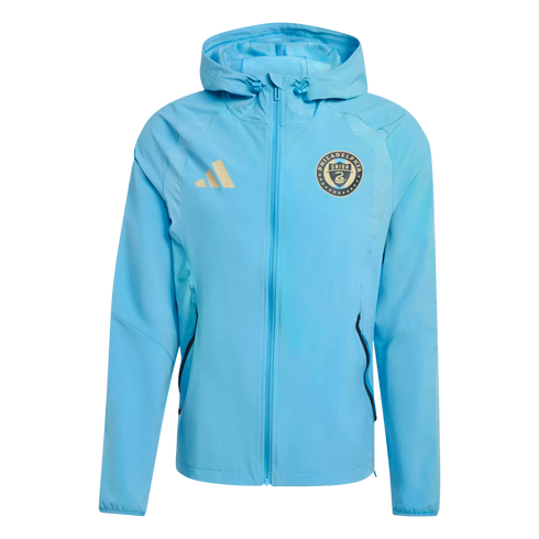 Light blue Adidas Philadelphia Union hooded zip-up jacket with gold logos on the chest, shown against a solid black background.