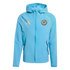 Light blue Adidas Philadelphia Union hooded zip-up jacket with gold logos on the chest, shown against a solid black background.