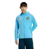 Male model in a light blue Philadelphia Union zip-up hoodie and dark blue shorts, set against a black background.