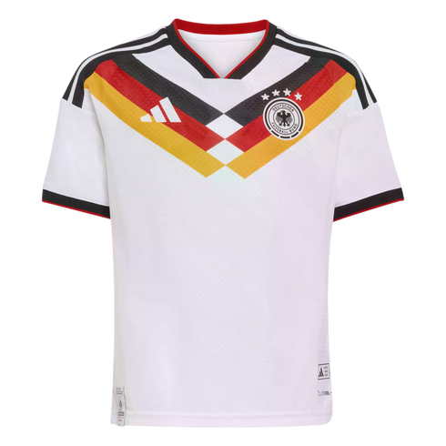 A white German national football team jersey with a black, red, and gold geometric chevron pattern on the chest, featuring the Adidas logo and team crest.