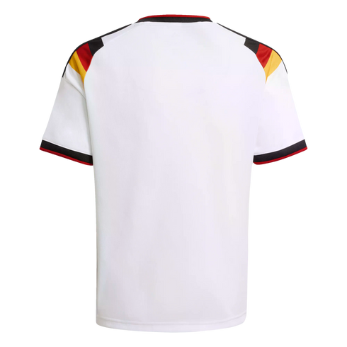 Back of a white German national football team jersey with black, red, and yellow patterns on the shoulders and striped trim on the collar and sleeves.