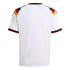 Back of a white German national football team jersey with black, red, and yellow patterns on the shoulders and striped trim on the collar and sleeves.