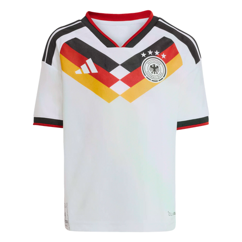 White Germany national football team jersey with a black, red, and gold chevron chest pattern, DFB crest with four stars, and Adidas logo. Features red and black trim.