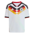 White Germany national football team jersey with a black, red, and gold chevron chest pattern, DFB crest with four stars, and Adidas logo. Features red and black trim.