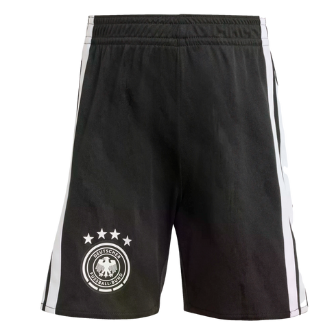 Black athletic shorts featuring white stripes on the sides and the German national football team crest with four stars on the leg.