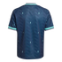 The back of a dark teal sports jersey featuring a chevron pattern, light teal diamond accents, and striped sleeve cuffs and collar, isolated on a black background.