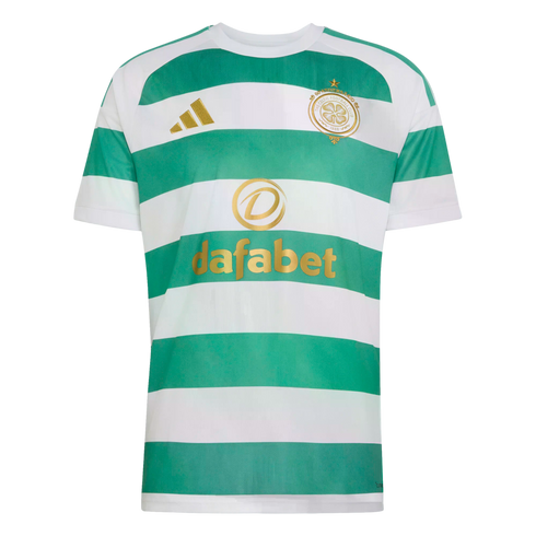 Celtic FC football jersey featuring green and white hoops with gold Adidas, club crest, and Dafabet logos.