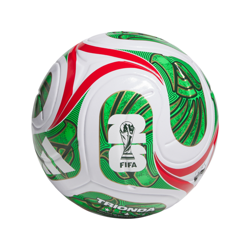 White soccer ball with green, red, and gold patterns, featuring the FIFA World Cup trophy and Adidas logos, isolated on a black background.