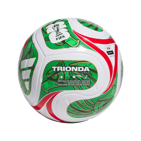A white soccer ball featuring green, red, and gold patterns with "TRIONDA LEAGUE" and FIFA logos. Panels show a star, maple leaf, and eagle head symbol.