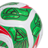 A close-up of a white soccer ball featuring intricate green and red patterns with gold outlines against a solid black background.
