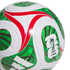 White soccer ball with green, red, and gold patterns, featuring the 2026 FIFA World Cup logo and Adidas branding, set against a black background.