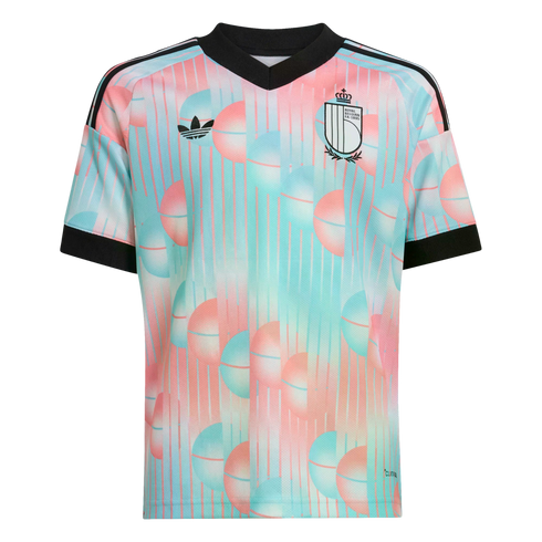 Adidas Belgium soccer jersey featuring a pastel pink and light blue geometric pattern, black V-neck collar, and shoulder stripes.