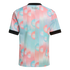 Back view of a short-sleeved jersey with a pink and blue sphere pattern and black trim. Text at the neck reads "Ceci n'est pas un maillot."