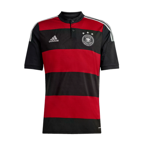 Adidas Germany national team soccer jersey with red and black horizontal stripes, a black button-up collar, and the team crest with four stars.