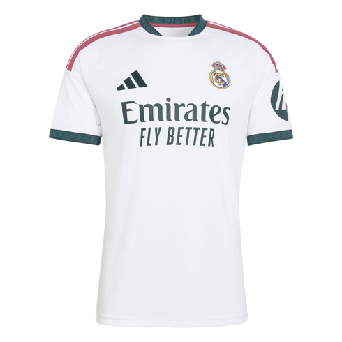A white Real Madrid home soccer jersey featuring a teal-patterned collar and cuffs, pink shoulder stripes, and the "Emirates FLY BETTER" sponsor logo.