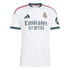 A white Real Madrid home soccer jersey featuring a teal-patterned collar and cuffs, pink shoulder stripes, and the "Emirates FLY BETTER" sponsor logo.