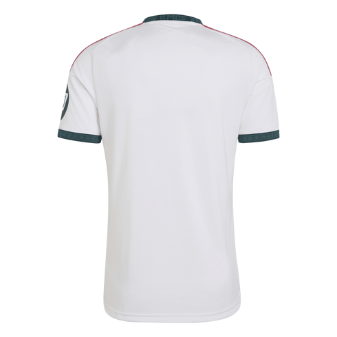Back view of a white short-sleeved jersey with teal patterned collar and cuffs, pink shoulder stripes, and "RMCF" embroidered on the neckline.