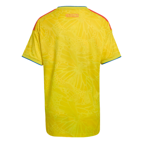 Back view of a yellow Colombia soccer jersey featuring a butterfly wing pattern, orange shoulder stripes, blue trim, and "COLOMBIA" printed on the upper back.