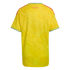 Back view of a yellow Colombia soccer jersey featuring a butterfly wing pattern, orange shoulder stripes, blue trim, and "COLOMBIA" printed on the upper back.