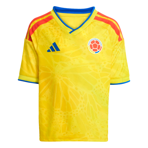 Yellow Adidas Colombia soccer jersey with blue v-neck trim, red shoulder stripes, and a subtle butterfly wing graphic.