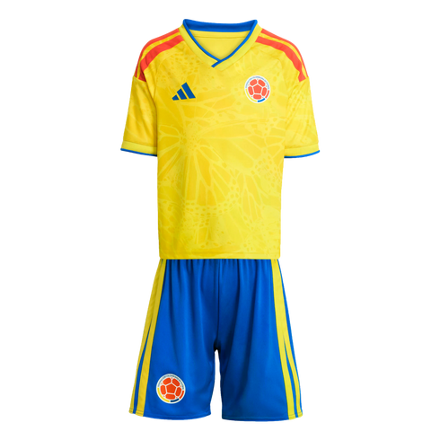 Children's Colombia home football kit featuring a yellow jersey with a subtle butterfly pattern and blue shorts with yellow stripes.