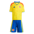 Children's Colombia home football kit featuring a yellow jersey with a subtle butterfly pattern and blue shorts with yellow stripes.