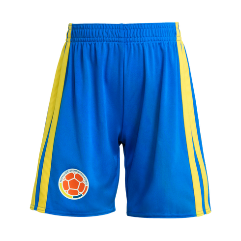 Blue Colombia national football team shorts featuring two yellow side stripes and the Colombian Football Federation crest on the bottom right leg.
