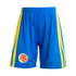 Blue Colombia national football team shorts featuring two yellow side stripes and the Colombian Football Federation crest on the bottom right leg.