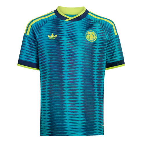 Teal soccer jersey with a wavy navy pattern, lime green trim, an Adidas trefoil logo, and the Colombian national football team crest.