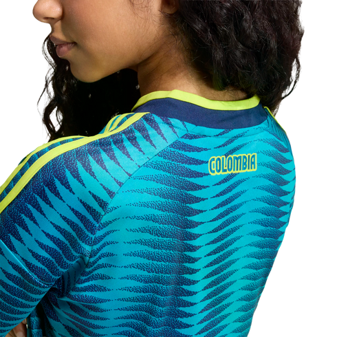 Back view of a person wearing a blue patterned sports jersey with lime green trim and the word "COLOMBIA" printed in yellow on the upper back.