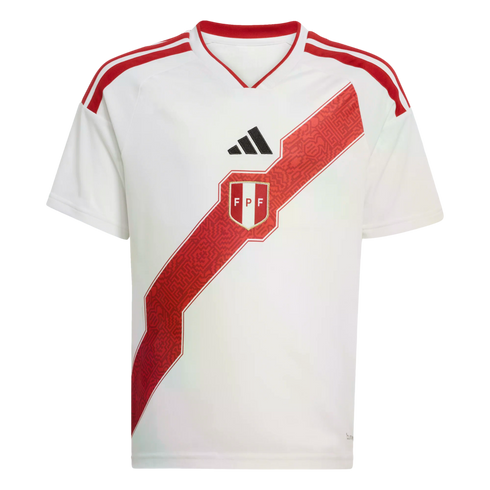 A white Adidas Peru national team soccer jersey with a patterned red diagonal sash, featuring the FPF crest on the center chest and red stripes on the shoulders.