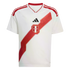 A white Adidas Peru national team soccer jersey with a patterned red diagonal sash, featuring the FPF crest on the center chest and red stripes on the shoulders.