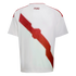 The back of a white Peru national team soccer jersey featuring a red diagonal sash with an intricate geometric pattern and the word "PERÚ" printed below the collar.
