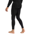 Rear view of a person wearing black padded compression leggings and a long-sleeved athletic top, standing barefoot against a plain light gray background.