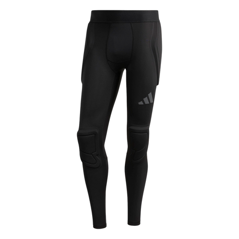 Full-length black Adidas compression leggings with integrated hip and knee pads. Grey Adidas logo on the left thigh.