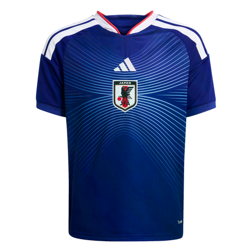 Blue Adidas Japan national soccer jersey featuring a light blue curved line pattern, white shoulder stripes, and the central JFA crest.