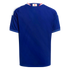 Back view of a short-sleeved blue soccer jersey with white stripes on the shoulders and a small Japanese flag on the back collar.