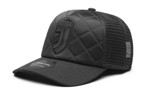 Juventus Onyx Trucker Hat featuring an all-black design with a diamond-quilted front panel, an embossed tonal Juventus logo, and breathable mesh back panels.