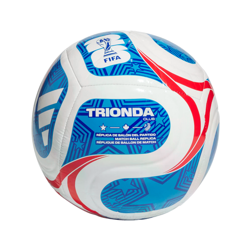 A white soccer ball with blue and red graphic patterns, featuring the FIFA logo and "TRIONDA CLUB" text. It is labeled as a match ball replica.