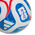 A close-up of a white Adidas soccer ball featuring red and blue graphics, the FIFA World Cup 2026 logo, and the word "TRIONDA."