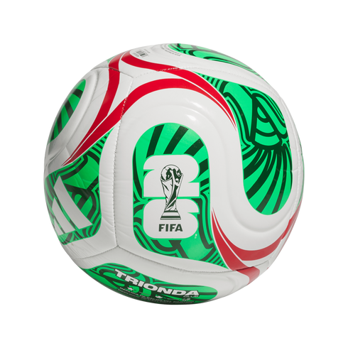 White soccer ball with green and red swirling patterns, featuring the FIFA World Cup 2026 logo and "TRIONDA CLUB" text against a black background.