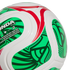 Close-up of a white soccer ball with green and red patterns, featuring "MATCH BALL REPLICA" text and an indigenous-style logo.