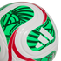 Close-up of a white Adidas soccer ball featuring vibrant green and red graphic patterns, set against a solid black background.