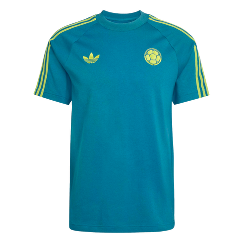 Teal Adidas t-shirt with yellow sleeve stripes, featuring a trefoil logo and Colombia football crest.