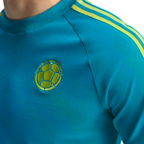 Turquoise shirt with three neon green shoulder stripes and an embroidered Colombian Football Federation logo on the chest.