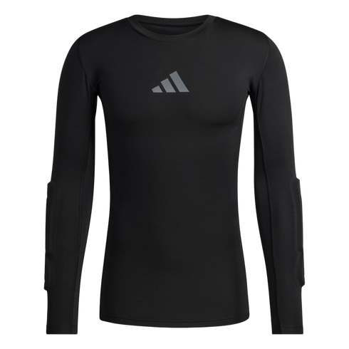 Black long-sleeved Adidas compression shirt with a grey logo on the chest and padded forearms.